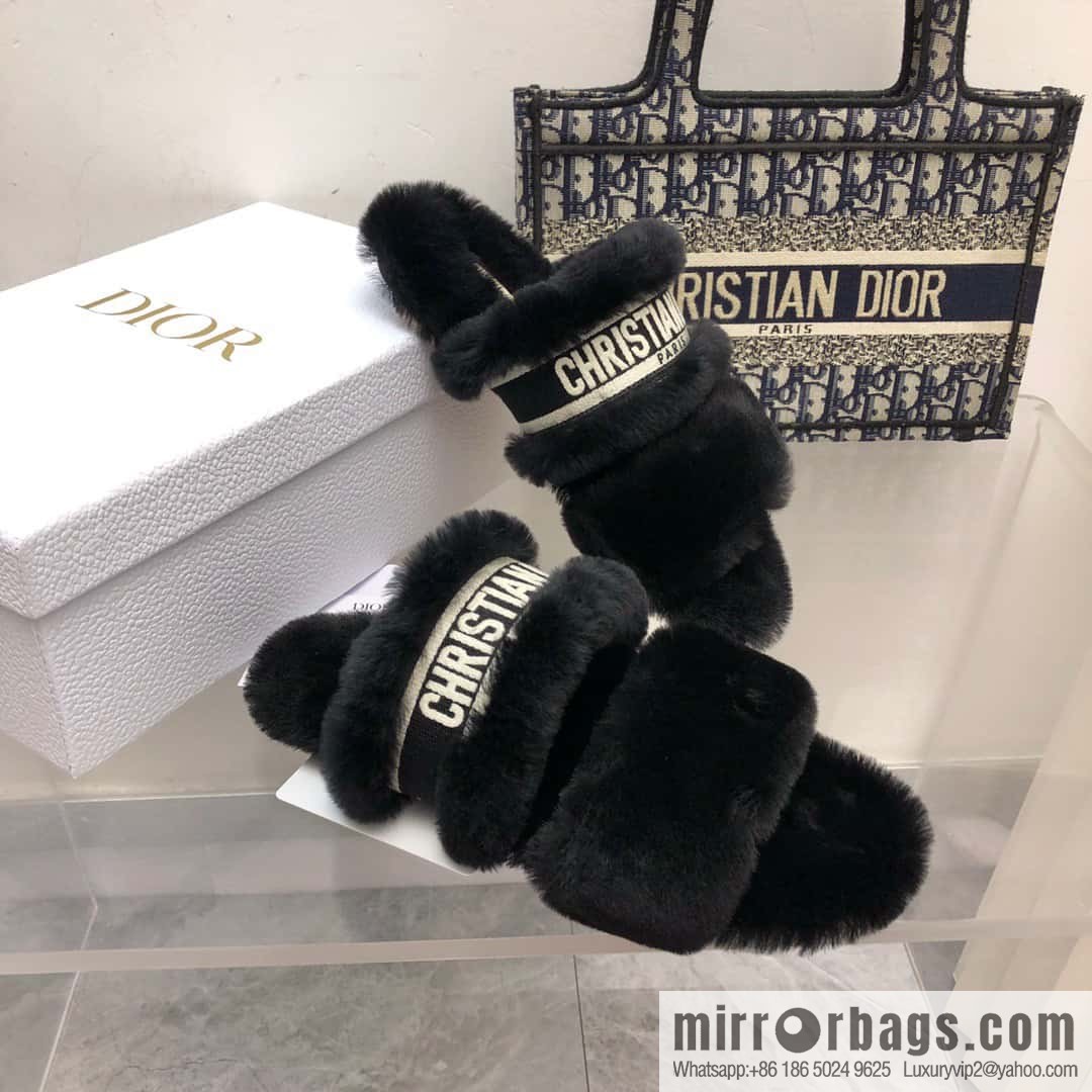 🐰🐰2023-Dior/Dior, white embroidered striped logo velvet one-word flat slippers autumn and winter new wool slippers