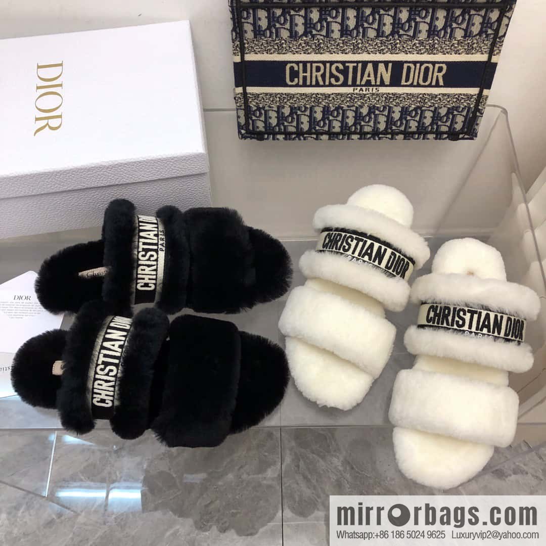 🐰🐰2023-Dior/Dior, white embroidered striped logo velvet one-word flat slippers autumn and winter new wool slippers