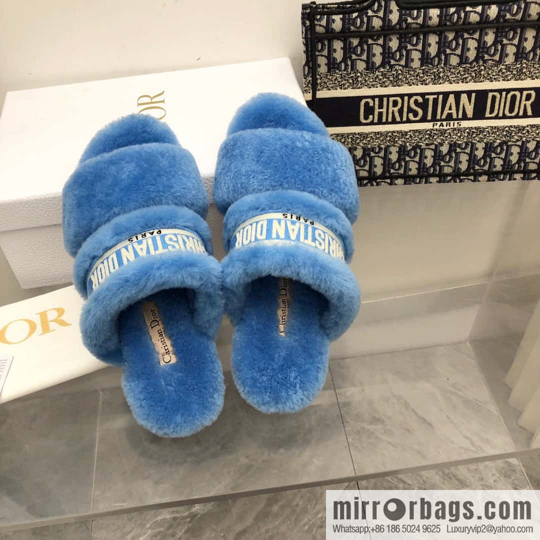 🐰🐰2023-Dior/Dior, white embroidered striped logo velvet one-word flat slippers autumn and winter new wool slippers