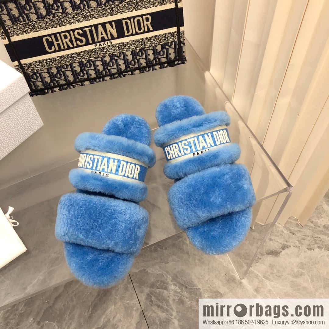 🐰🐰2023-Dior/Dior, white embroidered striped logo velvet one-word flat slippers autumn and winter new wool slippers