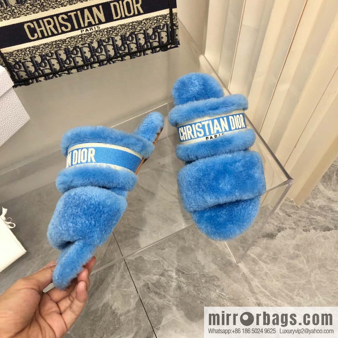 🐰🐰2023-Dior/Dior, white embroidered striped logo velvet one-word flat slippers autumn and winter new wool slippers