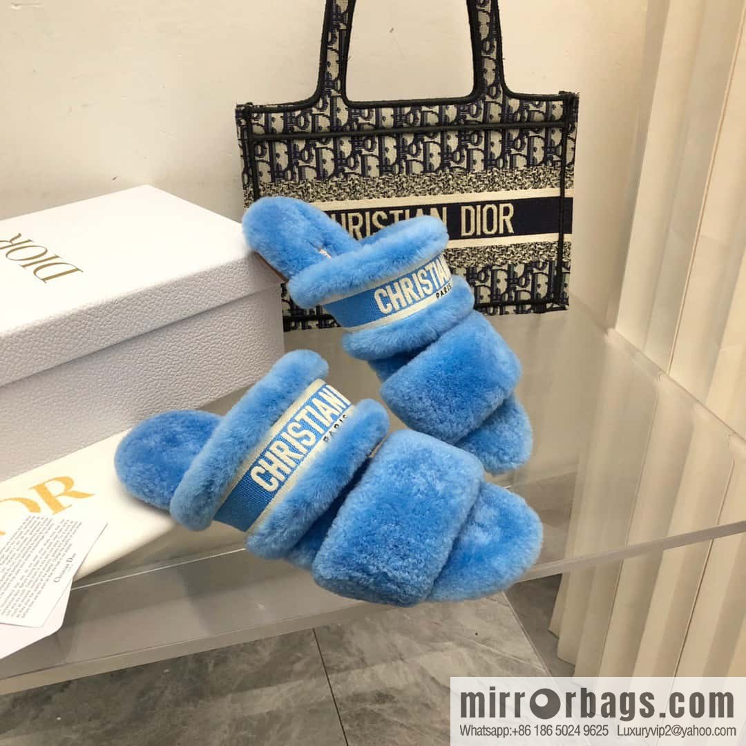 🐰🐰2023-Dior/Dior, white embroidered striped logo velvet one-word flat slippers autumn and winter new wool slippers