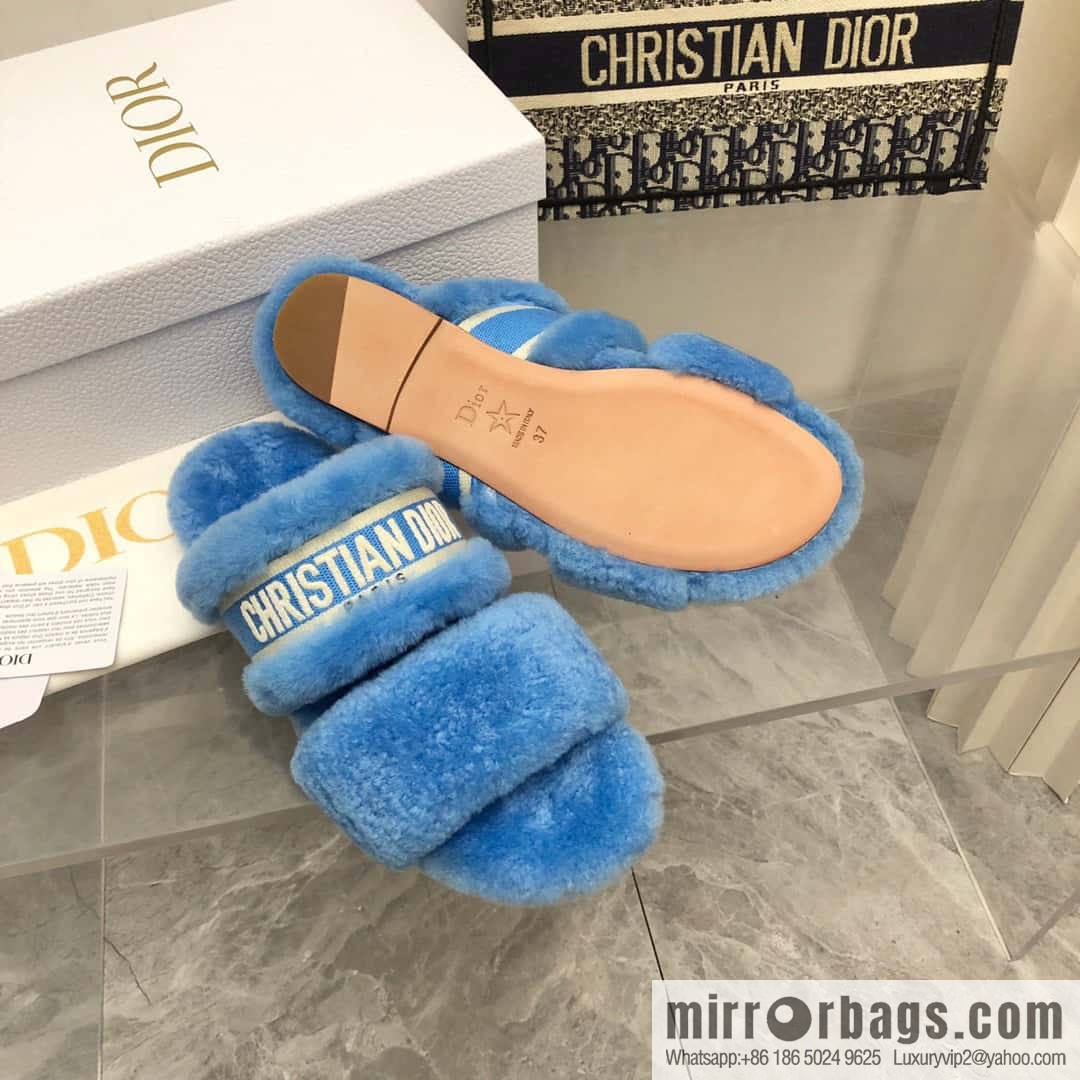 🐰🐰2023-Dior/Dior, white embroidered striped logo velvet one-word flat slippers autumn and winter new wool slippers