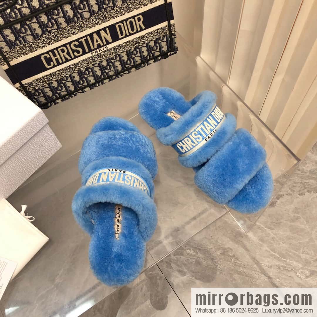 🐰🐰2023-Dior/Dior, white embroidered striped logo velvet one-word flat slippers autumn and winter new wool slippers