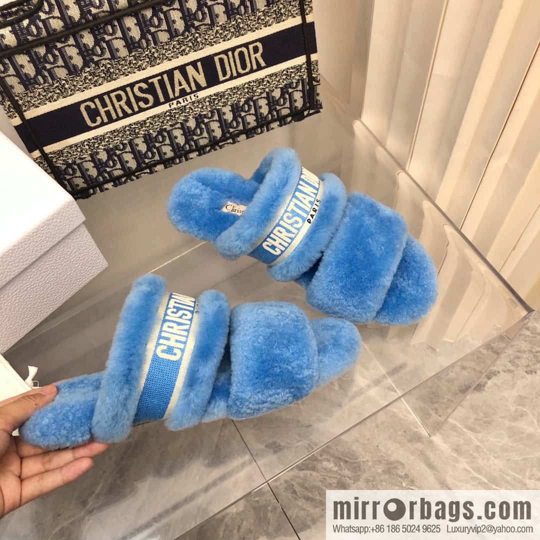 🐰🐰2023-Dior/Dior, white embroidered striped logo velvet one-word flat slippers autumn and winter new wool slippers