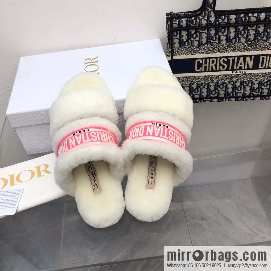 🐰🐰2023-Dior/Dior, white embroidered striped logo velvet one-word flat slippers autumn and winter new wool slippers