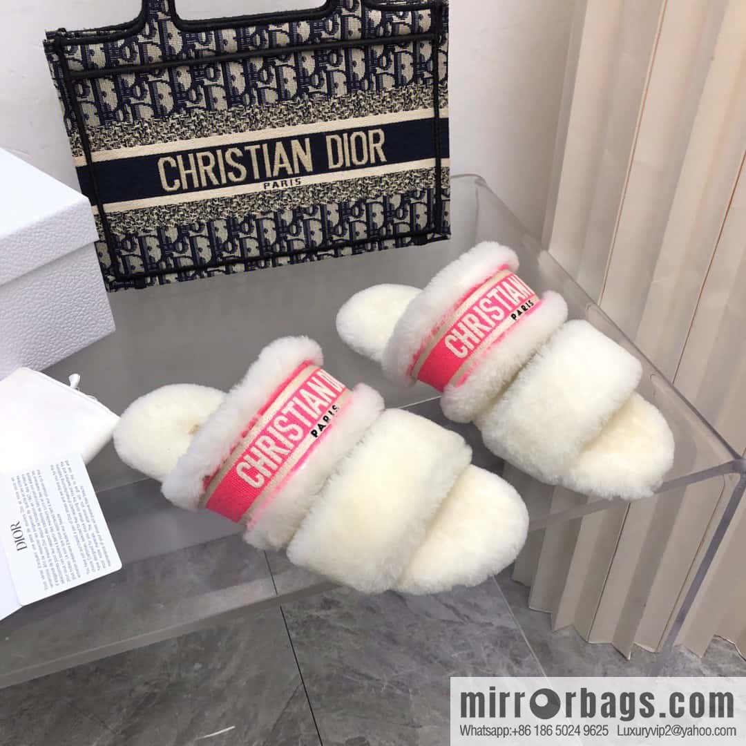 🐰🐰2023-Dior/Dior, white embroidered striped logo velvet one-word flat slippers autumn and winter new wool slippers
