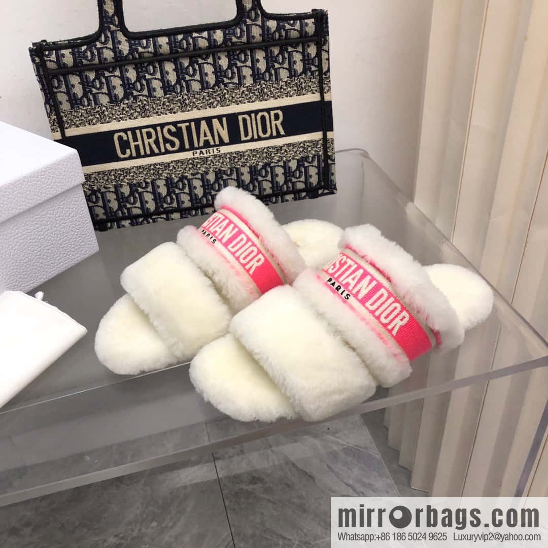 🐰🐰2023-Dior/Dior, white embroidered striped logo velvet one-word flat slippers autumn and winter new wool slippers