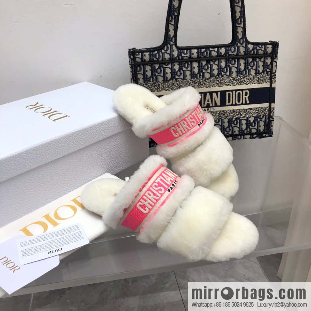 🐰🐰2023-Dior/Dior, white embroidered striped logo velvet one-word flat slippers autumn and winter new wool slippers