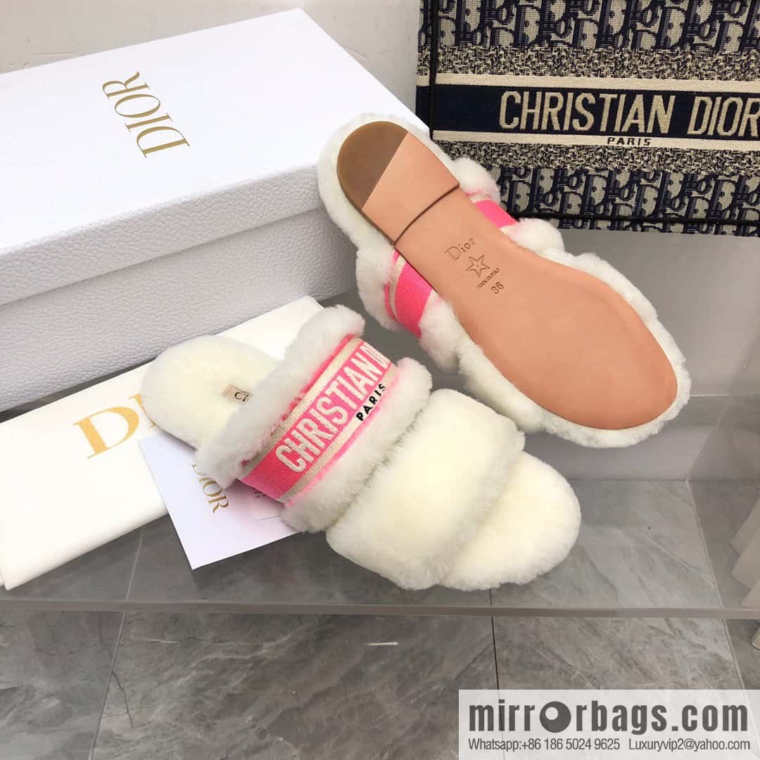 🐰🐰2023-Dior/Dior, white embroidered striped logo velvet one-word flat slippers autumn and winter new wool slippers