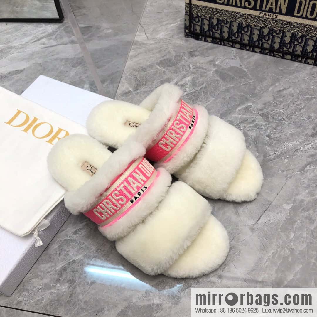 🐰🐰2023-Dior/Dior, white embroidered striped logo velvet one-word flat slippers autumn and winter new wool slippers