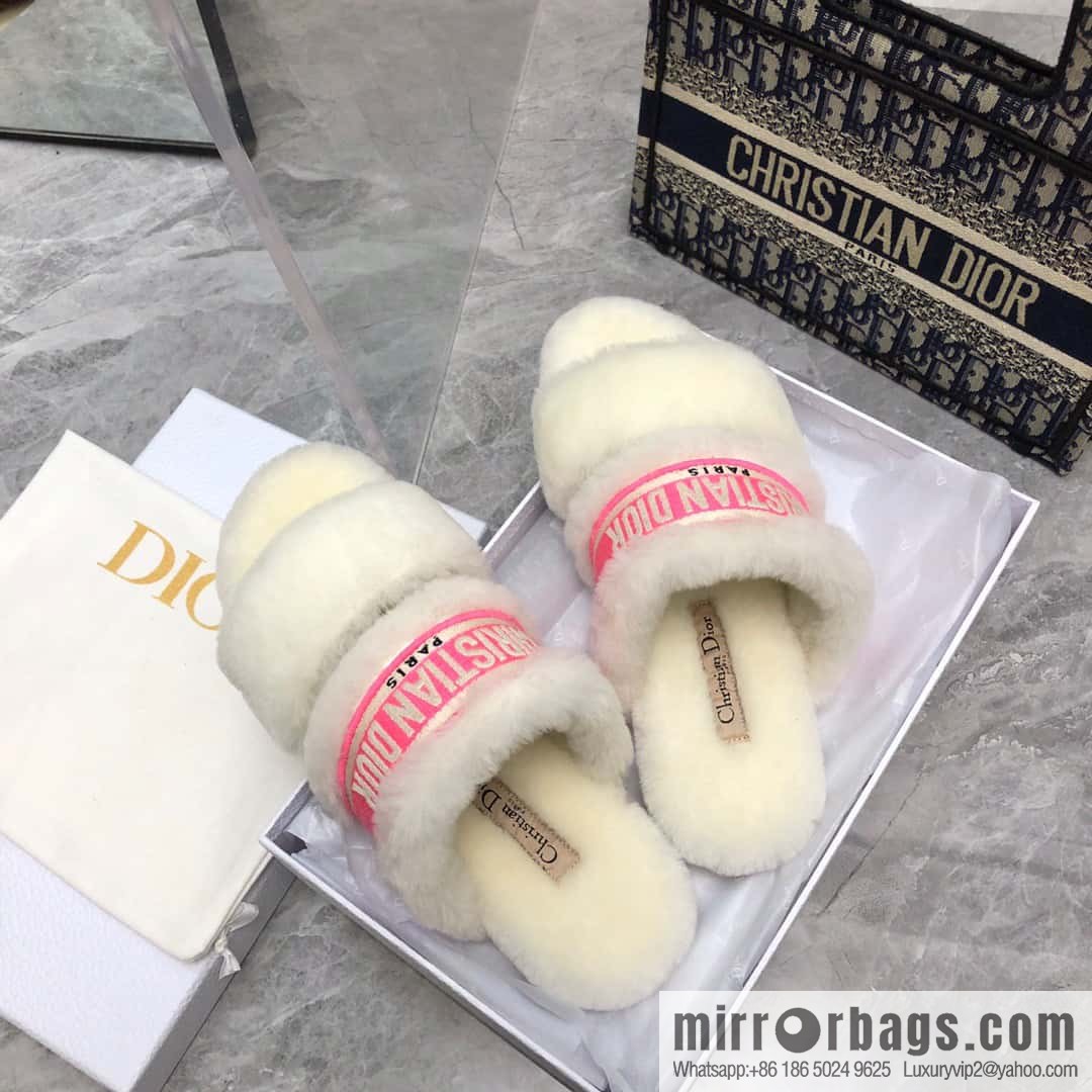 🐰🐰2023-Dior/Dior, white embroidered striped logo velvet one-word flat slippers autumn and winter new wool slippers