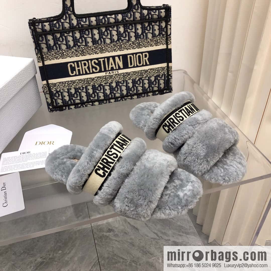 🐰🐰2023-Dior/Dior, white embroidered striped logo velvet one-word flat slippers autumn and winter new wool slippers