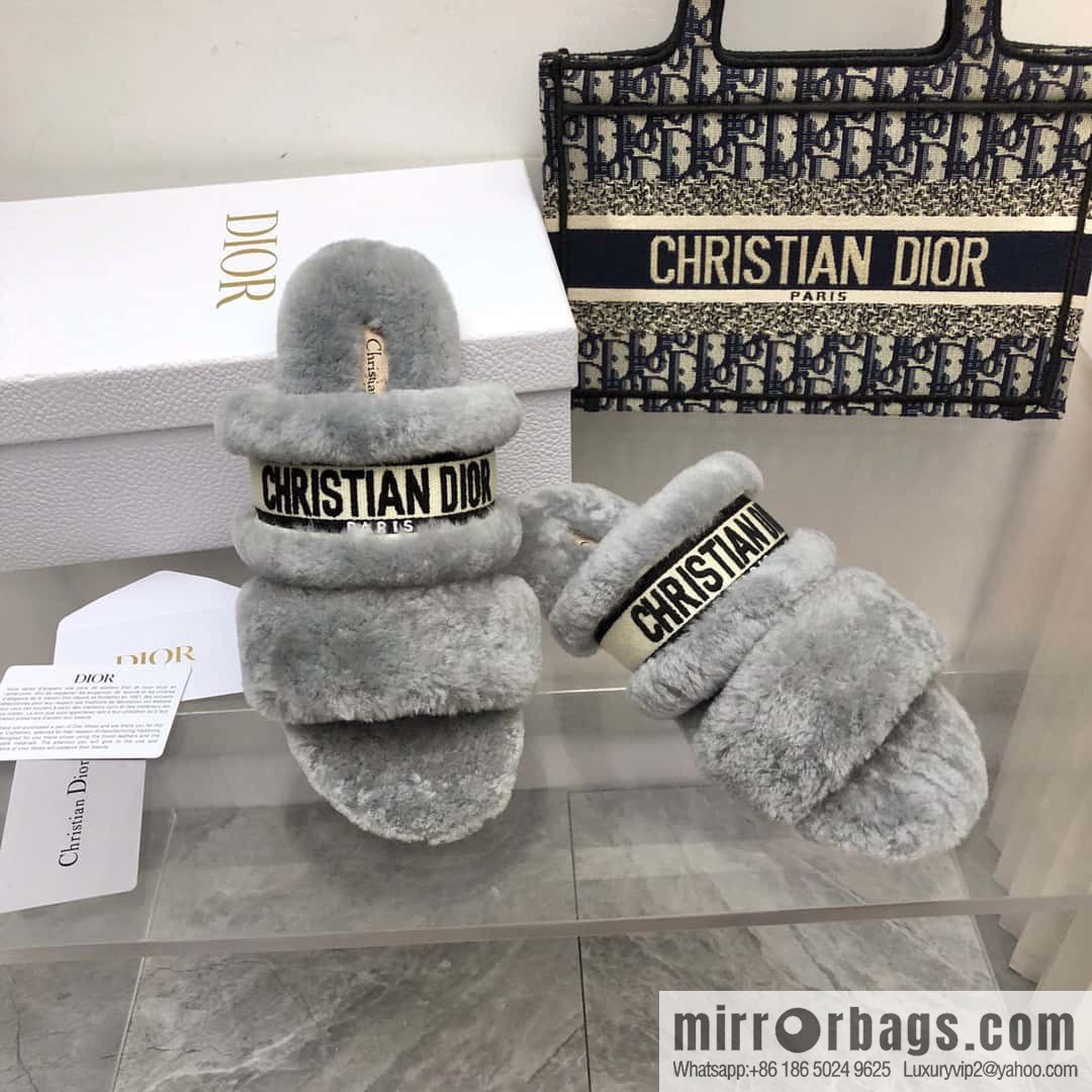 🐰🐰2023-Dior/Dior, white embroidered striped logo velvet one-word flat slippers autumn and winter new wool slippers