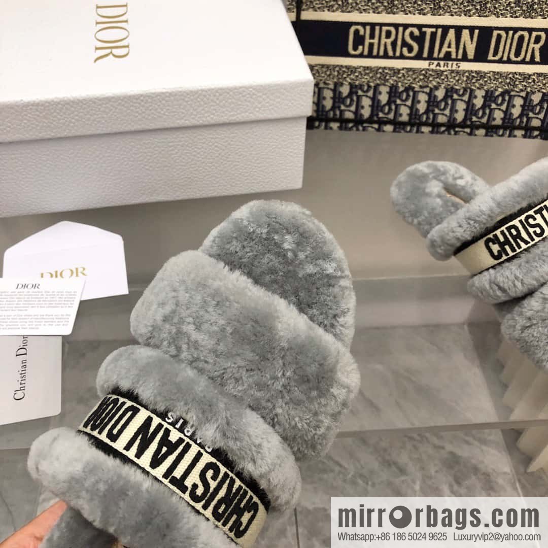 🐰🐰2023-Dior/Dior, white embroidered striped logo velvet one-word flat slippers autumn and winter new wool slippers