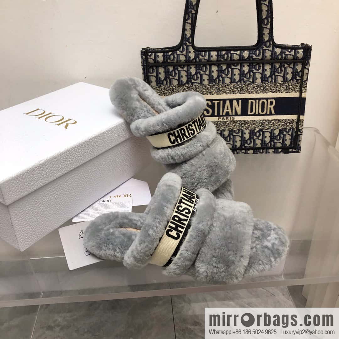 🐰🐰2023-Dior/Dior, white embroidered striped logo velvet one-word flat slippers autumn and winter new wool slippers