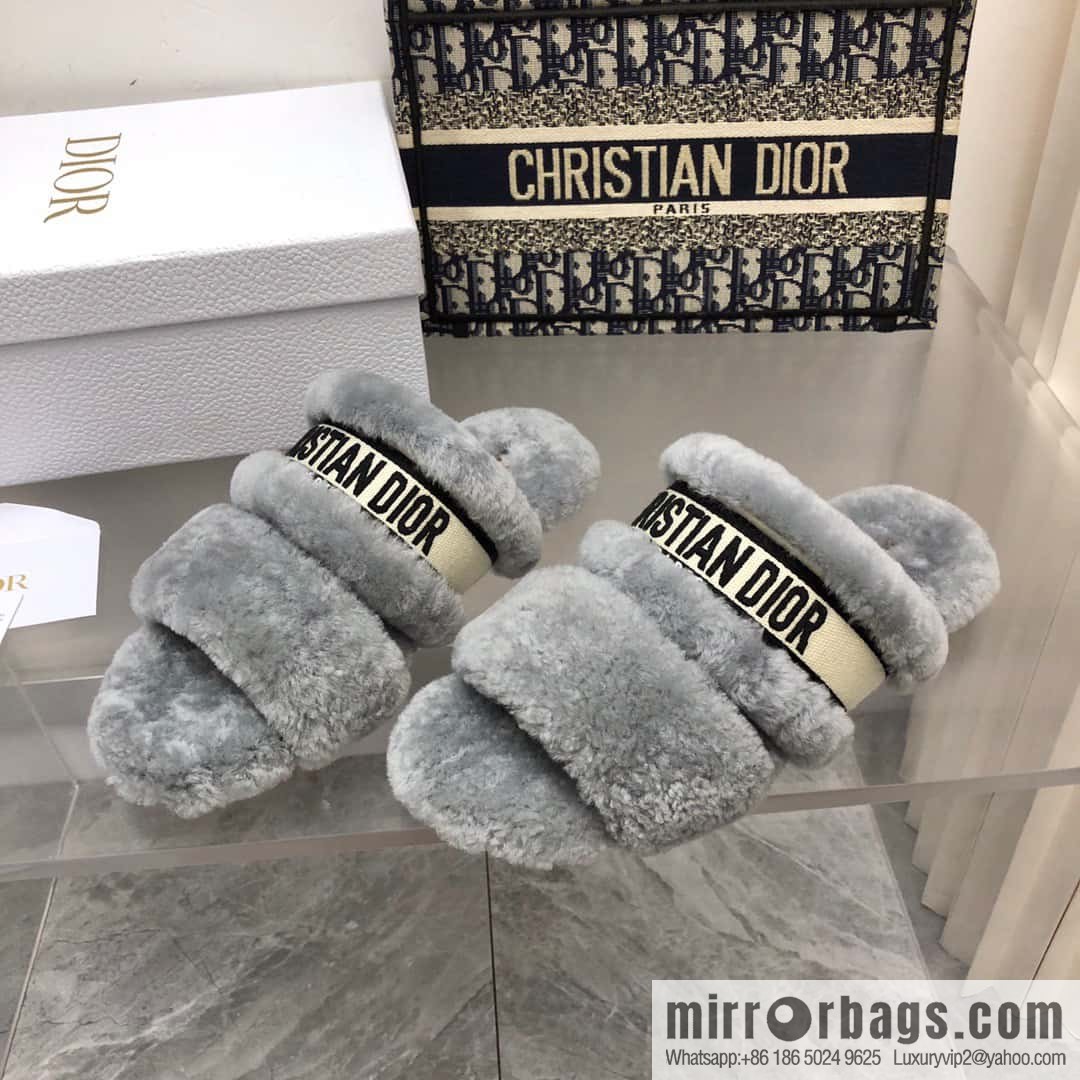 🐰🐰2023-Dior/Dior, white embroidered striped logo velvet one-word flat slippers autumn and winter new wool slippers