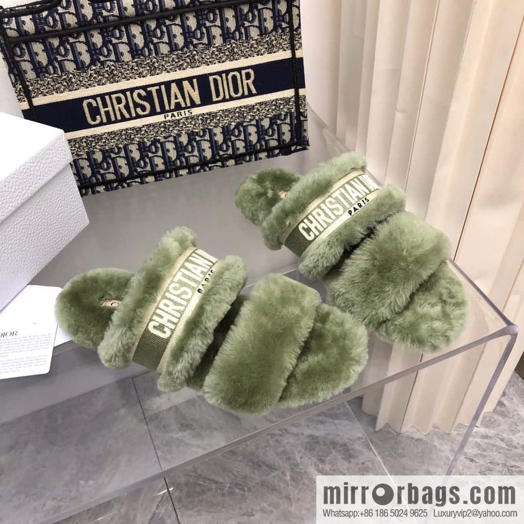🐰🐰2023-Dior/Dior, white embroidered striped logo velvet one-word flat slippers autumn and winter new wool slippers