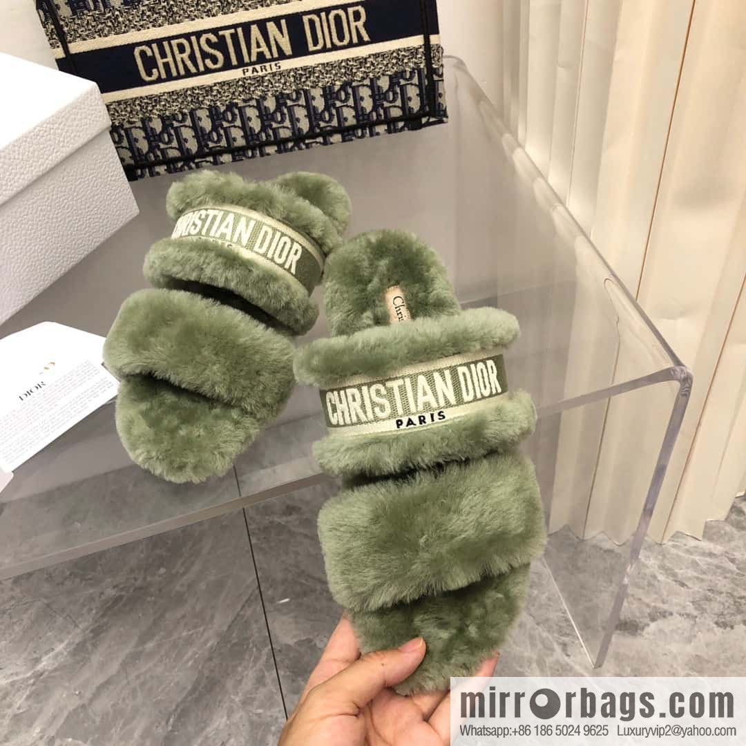 🐰🐰2023-Dior/Dior, white embroidered striped logo velvet one-word flat slippers autumn and winter new wool slippers