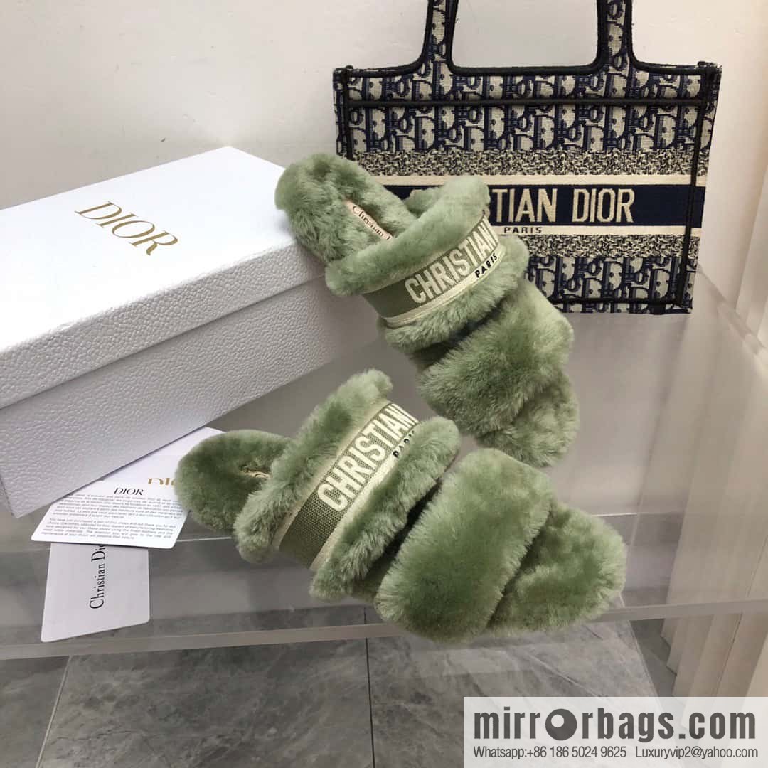 🐰🐰2023-Dior/Dior, white embroidered striped logo velvet one-word flat slippers autumn and winter new wool slippers