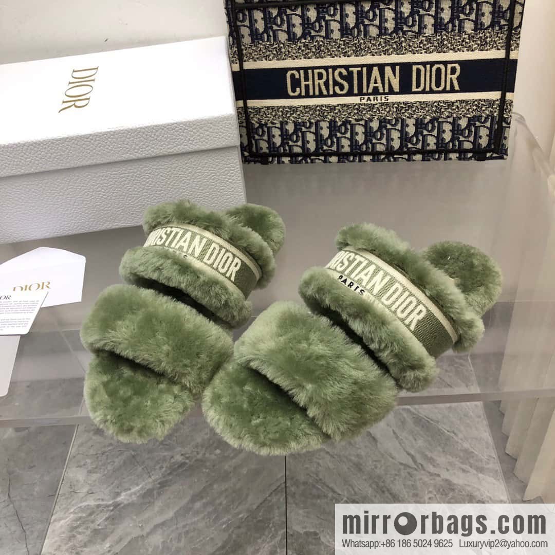 🐰🐰2023-Dior/Dior, white embroidered striped logo velvet one-word flat slippers autumn and winter new wool slippers