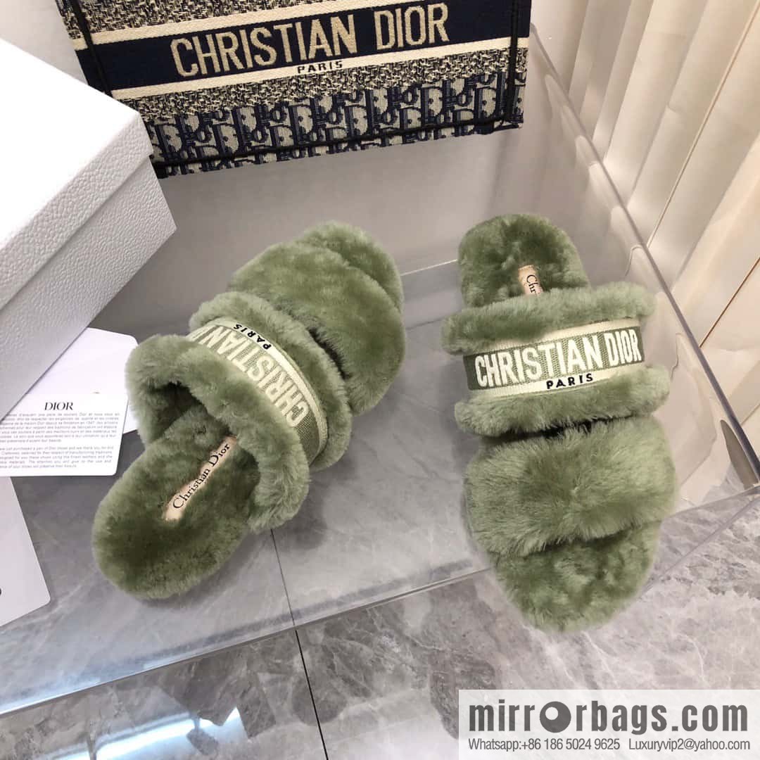 🐰🐰2023-Dior/Dior, white embroidered striped logo velvet one-word flat slippers autumn and winter new wool slippers