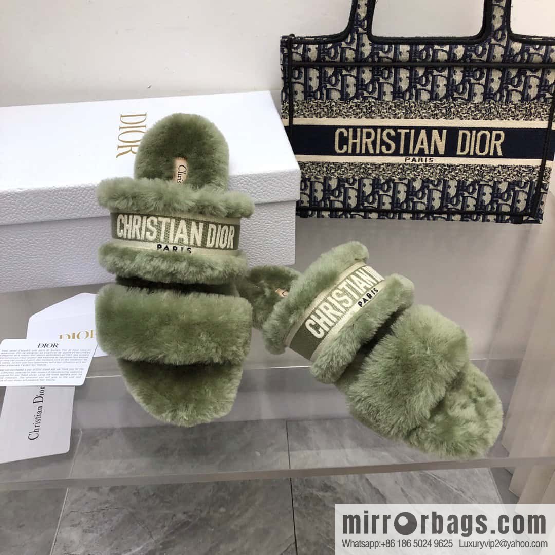 🐰🐰2023-Dior/Dior, white embroidered striped logo velvet one-word flat slippers autumn and winter new wool slippers