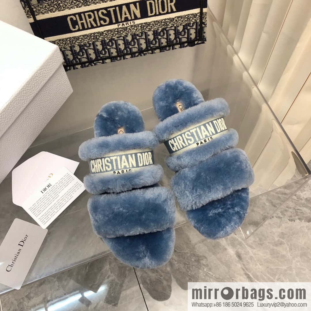 🐰🐰2023-Dior/Dior, white embroidered striped logo velvet one-word flat slippers autumn and winter new wool slippers
