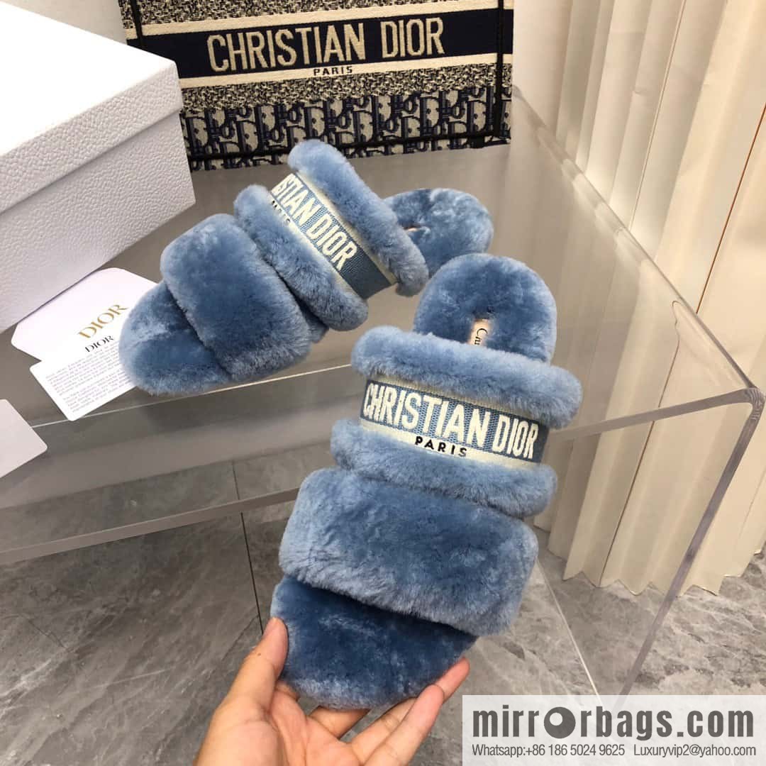 🐰🐰2023-Dior/Dior, white embroidered striped logo velvet one-word flat slippers autumn and winter new wool slippers