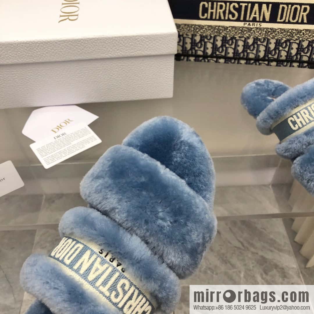 🐰🐰2023-Dior/Dior, white embroidered striped logo velvet one-word flat slippers autumn and winter new wool slippers