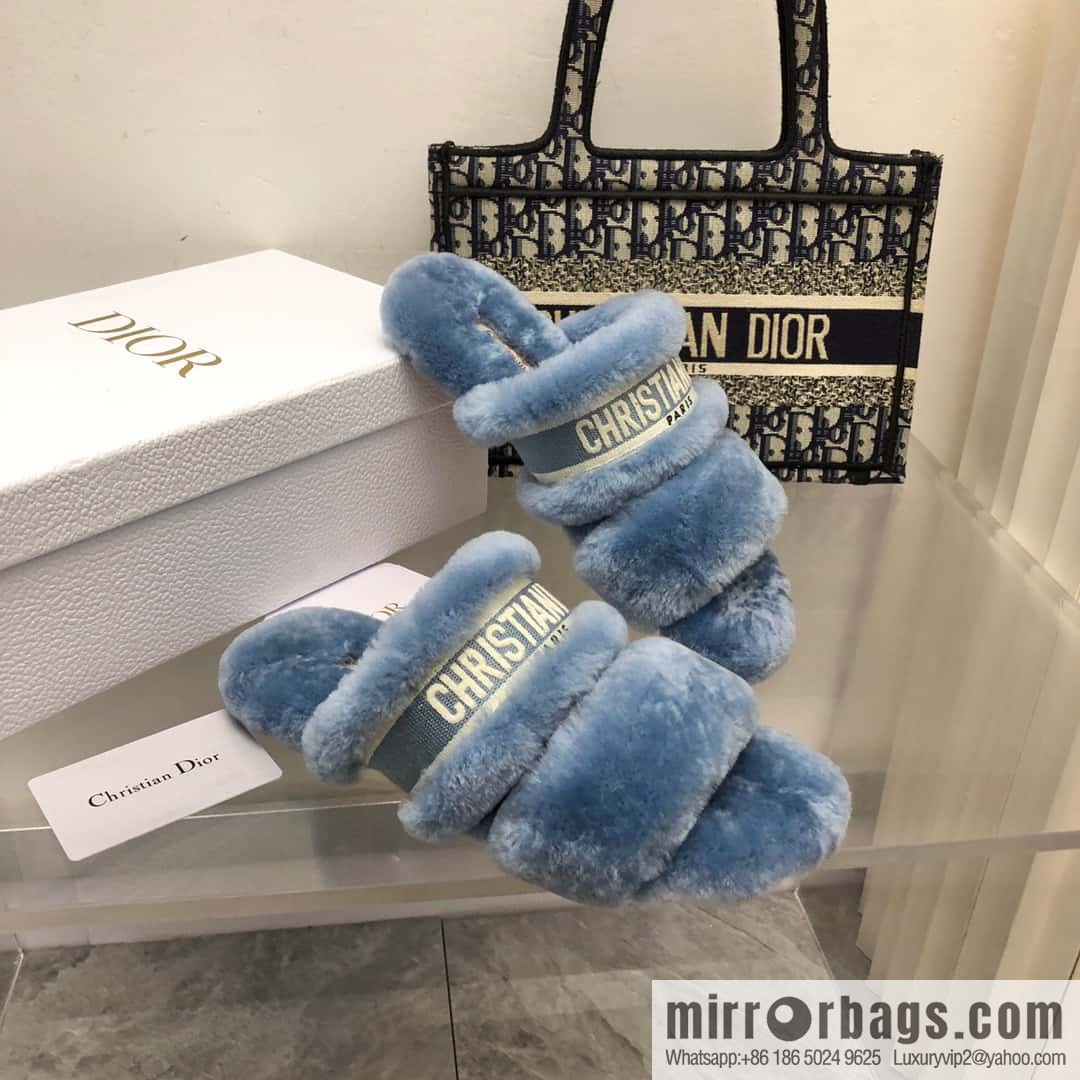 🐰🐰2023-Dior/Dior, white embroidered striped logo velvet one-word flat slippers autumn and winter new wool slippers