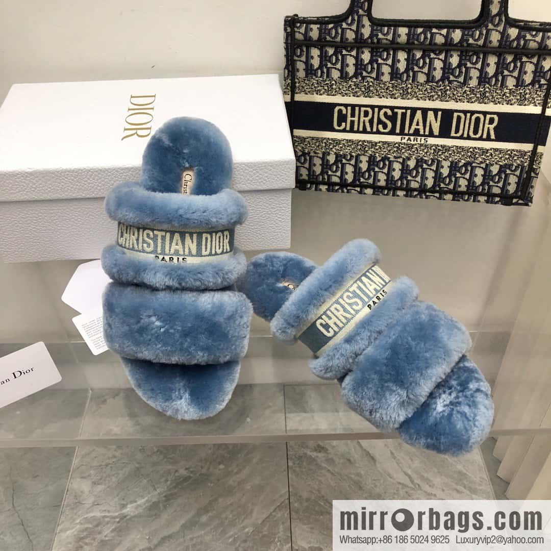 🐰🐰2023-Dior/Dior, white embroidered striped logo velvet one-word flat slippers autumn and winter new wool slippers