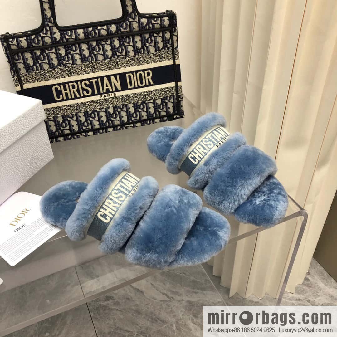 🐰🐰2023-Dior/Dior, white embroidered striped logo velvet one-word flat slippers autumn and winter new wool slippers
