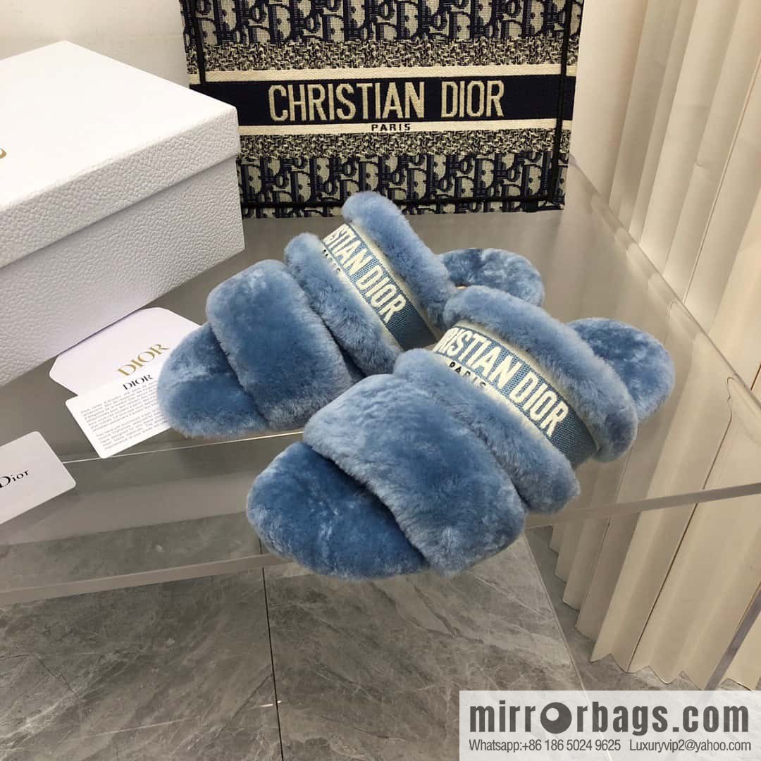 🐰🐰2023-Dior/Dior, white embroidered striped logo velvet one-word flat slippers autumn and winter new wool slippers