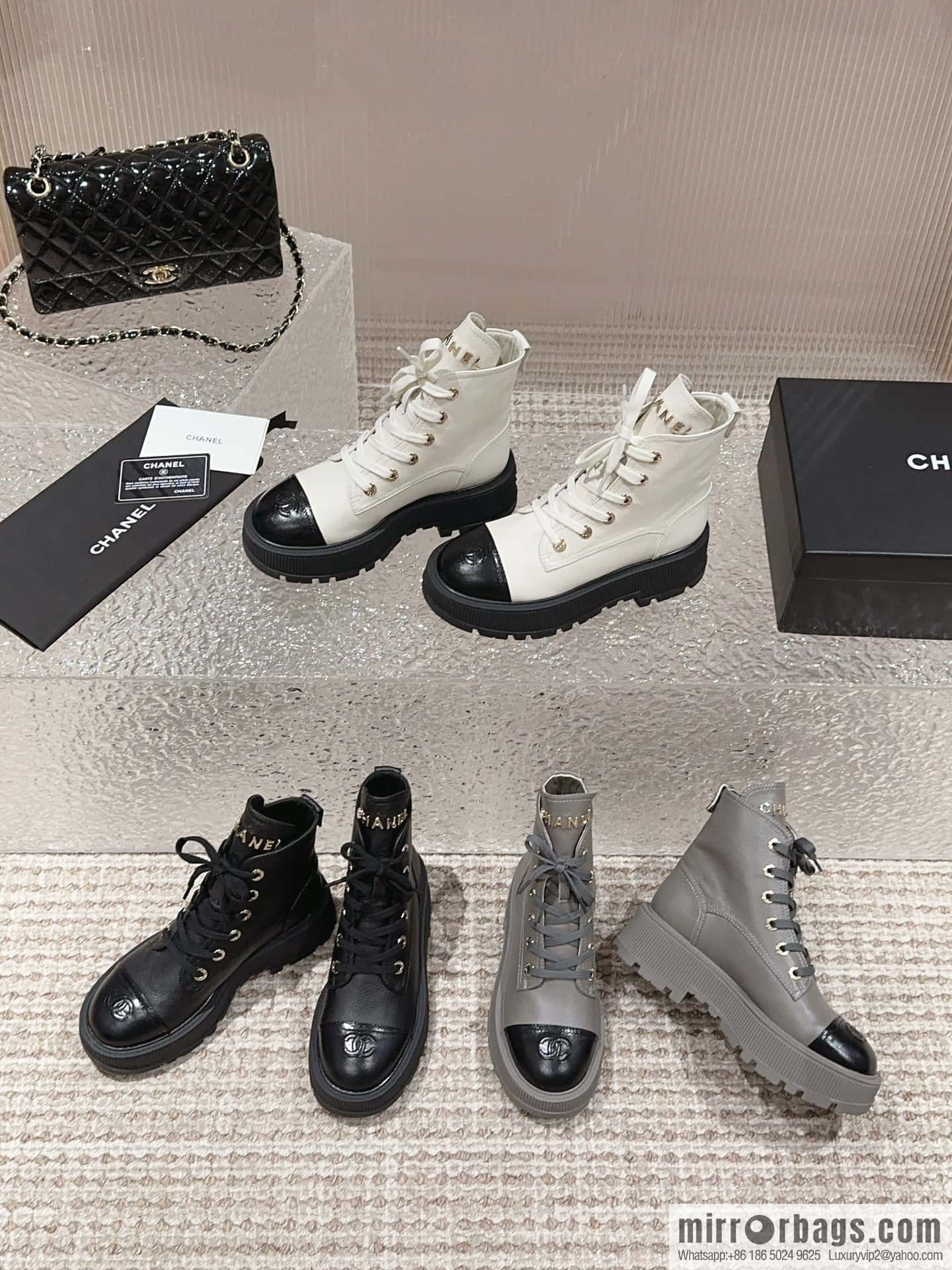 🐰🐰𝐂𝐡*𝐧𝐞𝐥 23 popular [genuine grade] version of the coolest short boots, locomotive boots, thick-soled round head color matching heightened lace-up short boots, Martin boots