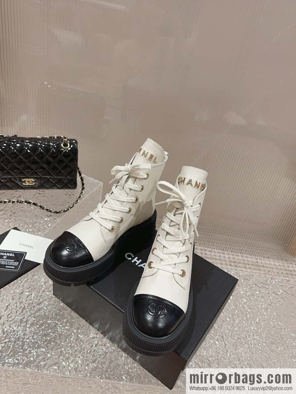 🐰🐰𝐂𝐡*𝐧𝐞𝐥 23 popular [genuine grade] version of the coolest short boots, locomotive boots, thick-soled round head color matching heightened lace-up short boots, Martin boots