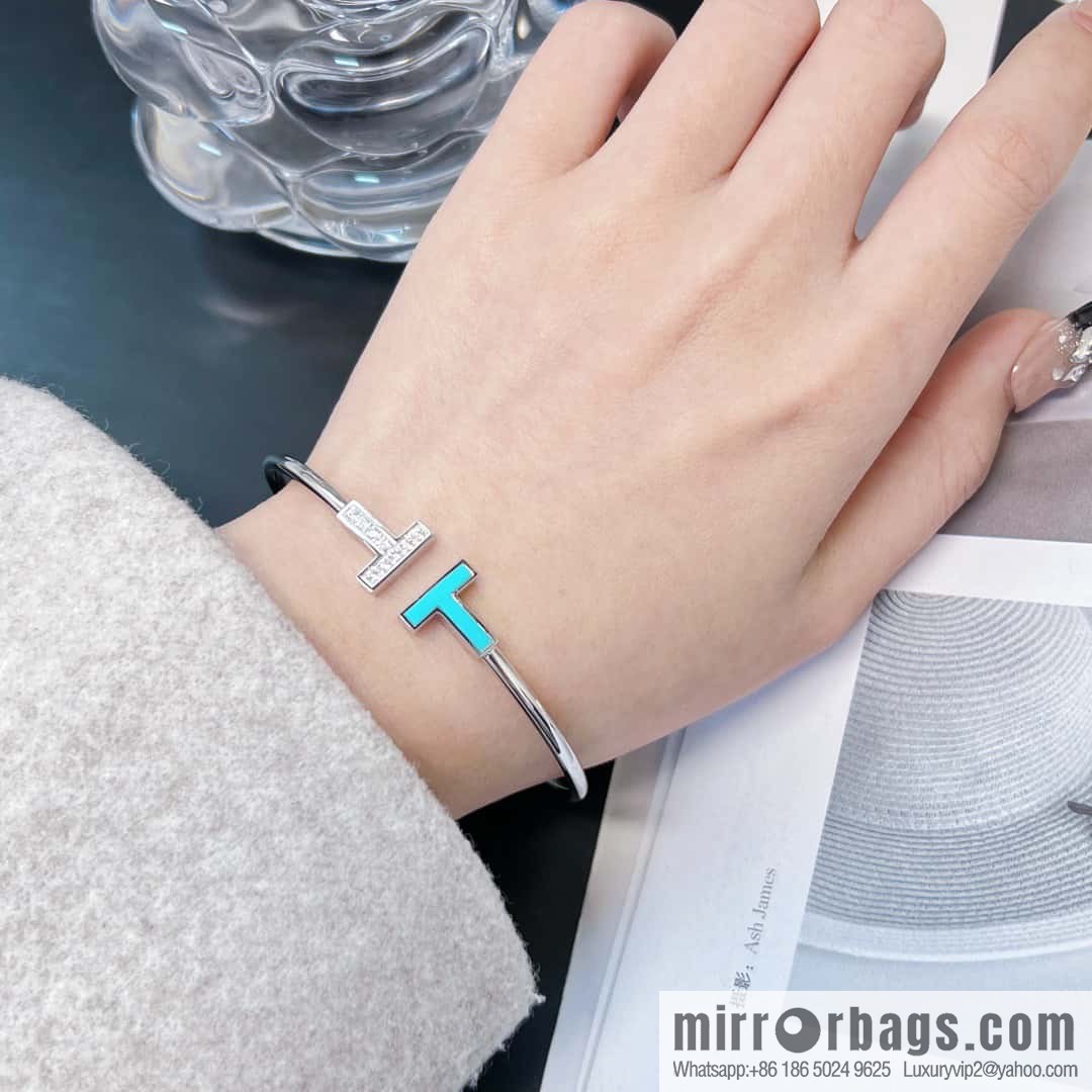 ☀️Turquoise ☀️ Tiffany & co, Classic T Series, Turquoise Silver Double T Bracelet with Diamonds ☀️