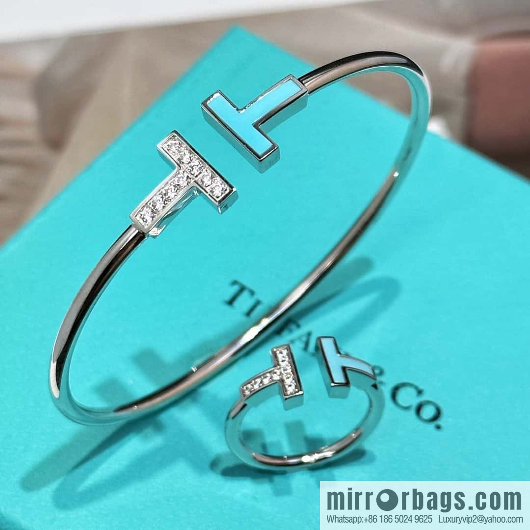 ☀️Tiffany & co Tiffany, Classic T-Series, Turquoise Silver Double T-Ring with Diamonds ☀️