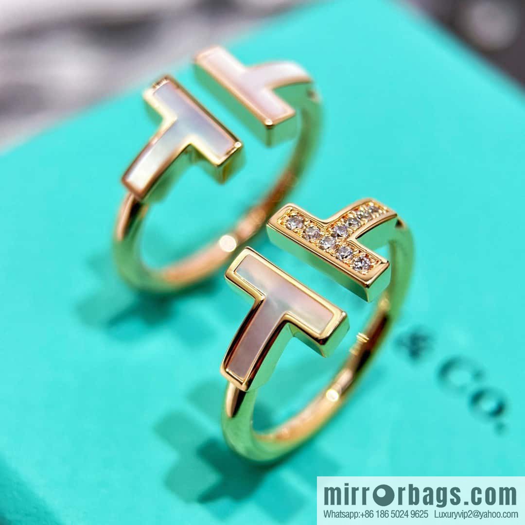 ☀️Tiffany & co Tiffany, classic T series, white shell belt diamond rose gold double T ring ☀️