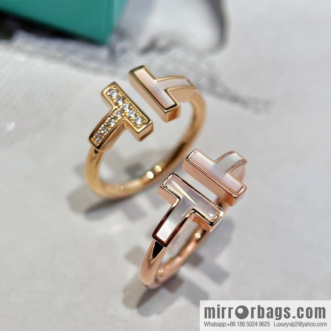 ☀️Tiffany & co Tiffany, classic T series, white shell belt diamond rose gold double T ring ☀️
