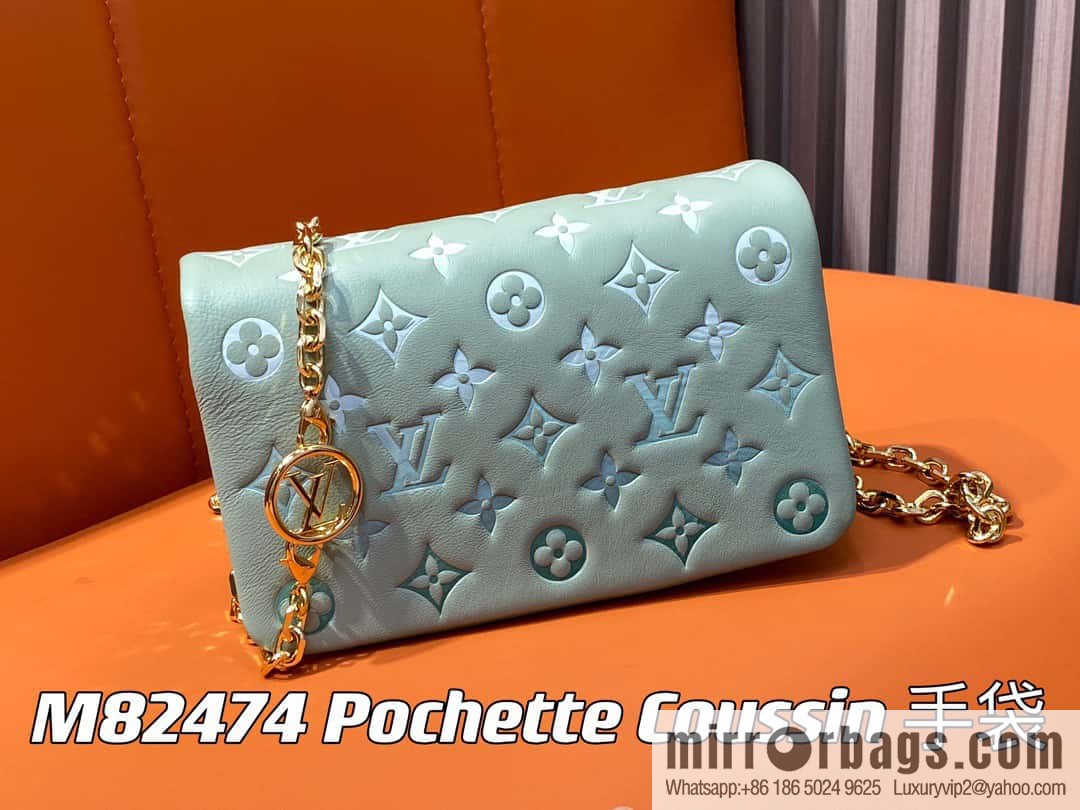 Louis Vuitton LV [Premium‑quality] M82474 green silk screen, full leather chain bag series Pochette Coussin handbag