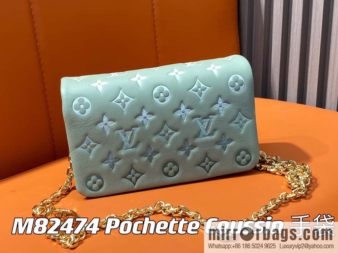 Louis Vuitton LV [Premium‑quality] M82474 green silk screen, full leather chain bag series Pochette Coussin handbag