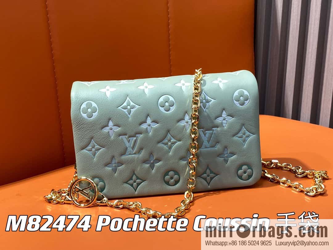Louis Vuitton LV [Premium‑quality] M82474 green silk screen, full leather chain bag series Pochette Coussin handbag
