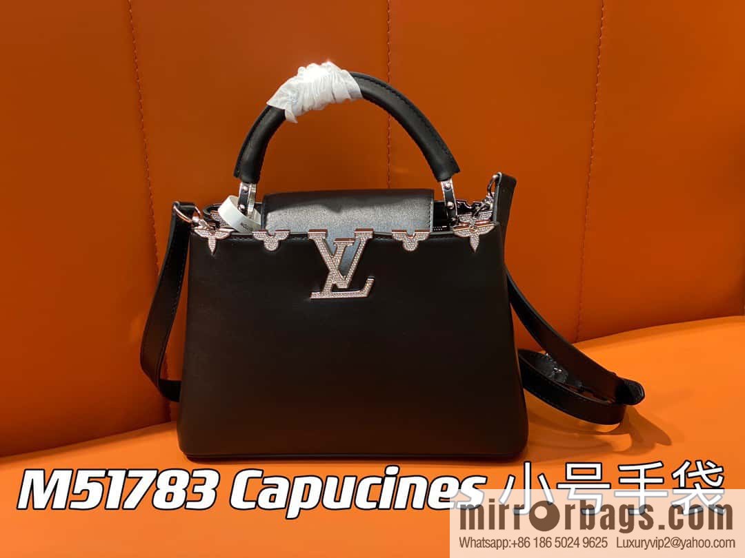 [Boutique‑grade] M51783 black full leather cap that English series, flower crown and white diamond Capucines small handbag