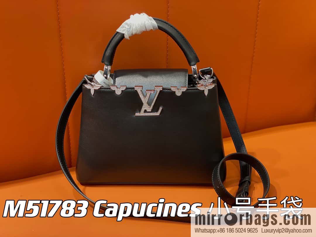 [Boutique‑grade] M51783 black full leather cap that English series, flower crown and white diamond Capucines small handbag