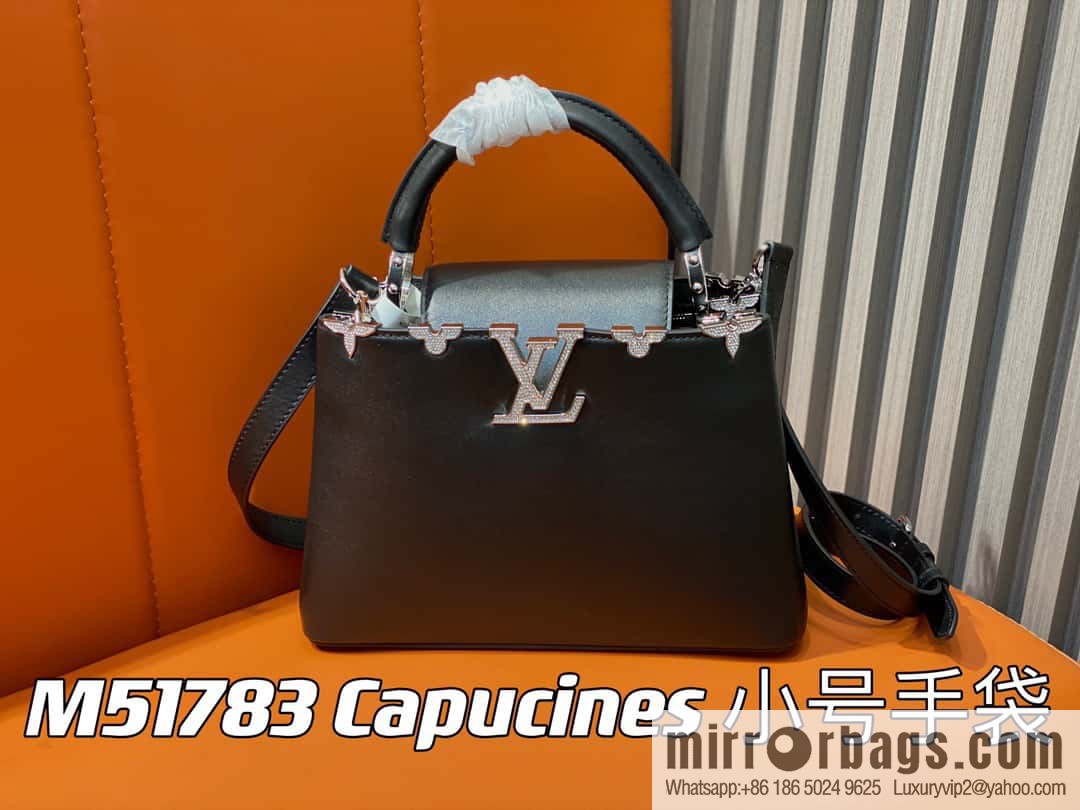 [Boutique‑grade] M51783 black full leather cap that English series, flower crown and white diamond Capucines small handbag