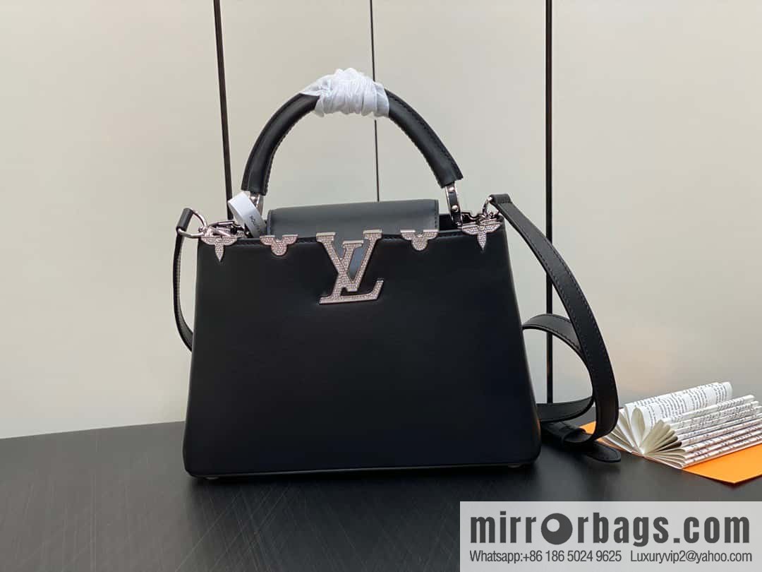 [Boutique‑grade] M51783 black full leather cap that English series, flower crown and white diamond Capucines small handbag