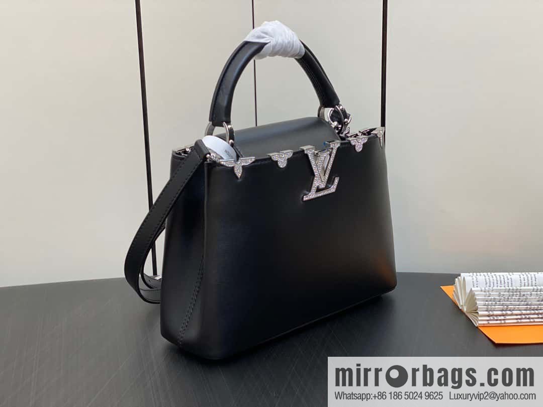 [Boutique‑grade] M51783 black full leather cap that English series, flower crown and white diamond Capucines small handbag
