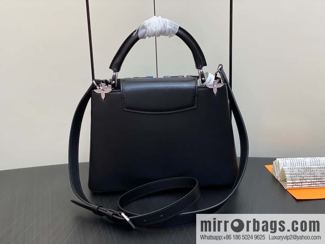 [Boutique‑grade] M51783 black full leather cap that English series, flower crown and white diamond Capucines small handbag