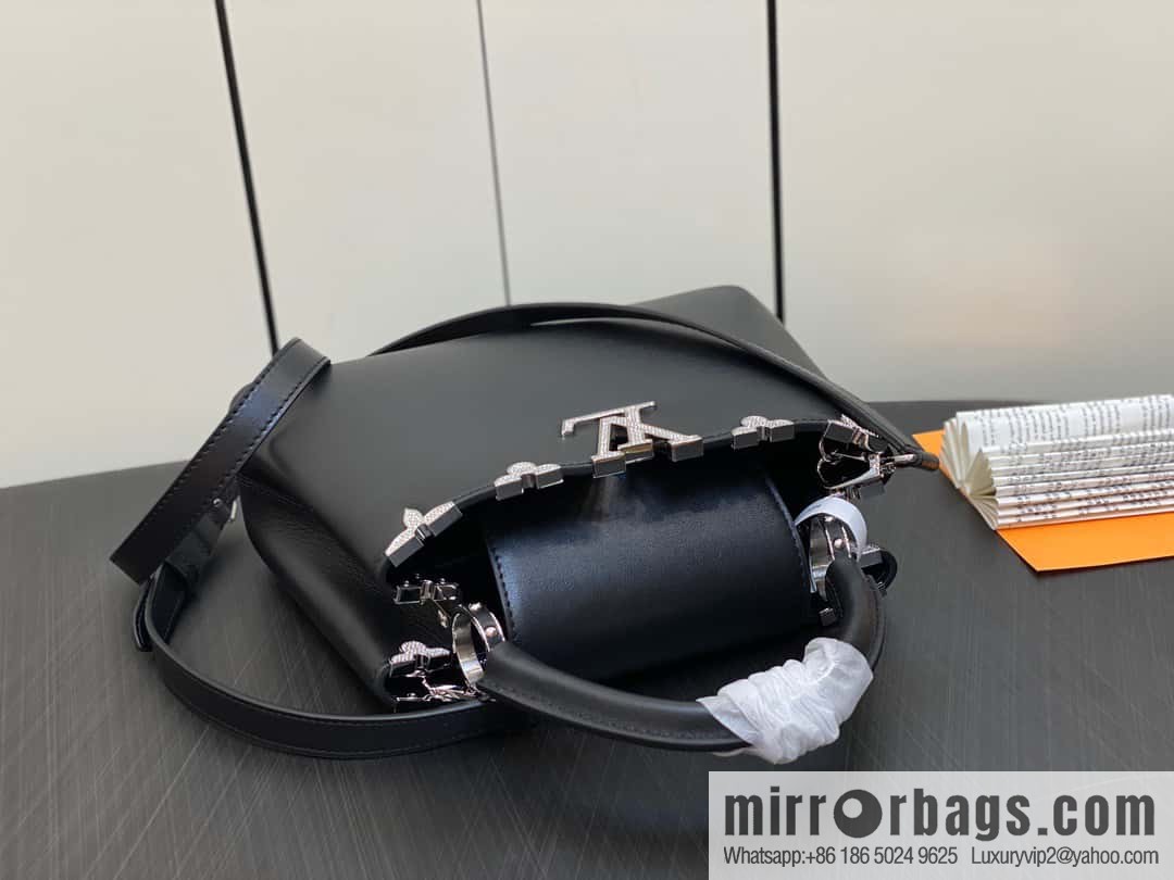 [Boutique‑grade] M51783 black full leather cap that English series, flower crown and white diamond Capucines small handbag